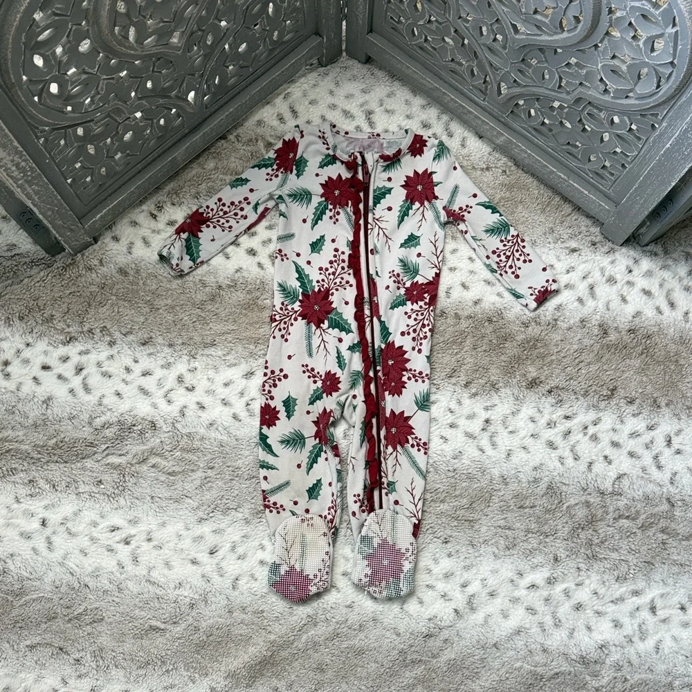 RuffleButts holiday footie pajamas baby girls 12-18 months Christmas poinsettia